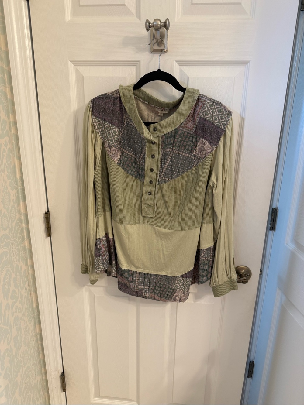 POL Mixed-Print Henley Top in Light Olive and Muted Purple